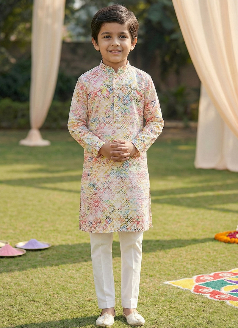 Charming Multicolored Cotton Digital Print Kids Boys Kurta Pyjama Festive Wear