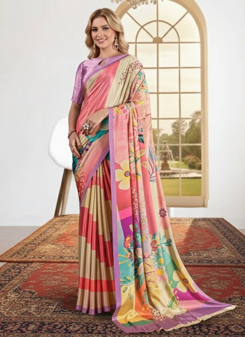 Charming Multicolored Silk Crepe Digital Print Saree After Six Wear