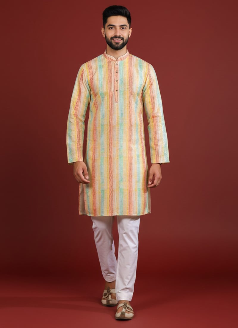 Charming Multicolored Silk Printed Kurta Pyjama Festive Wear