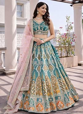 Charming Multicolored Silk Sequins Embroidered Thread Umbrella Lehenga