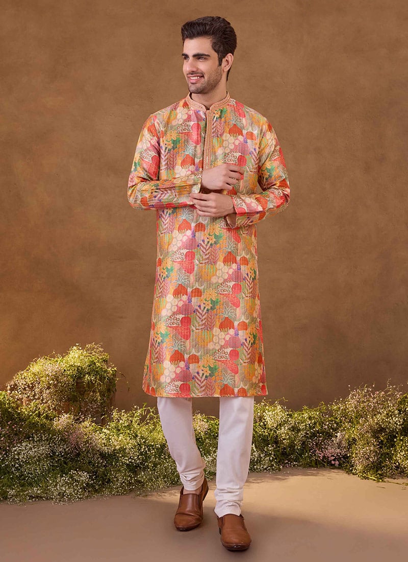 Charming Multicolour Digital Sequence Ethnic Kurta Pyjama Set Festive Wear