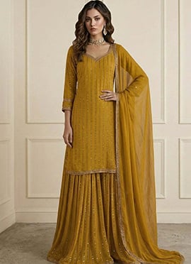 Charming Mustard Art Silk Embroidered Sharara Suit