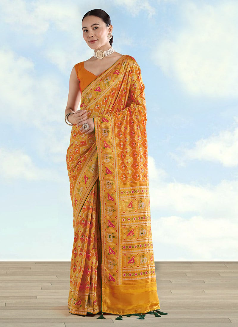 Charming Mustard Banarasi Satin Silk Patola Zari Woven Saree Festive Wear