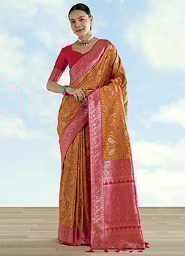 Charming Mustard Banarasi Silk Paisley Zari Woven Saree