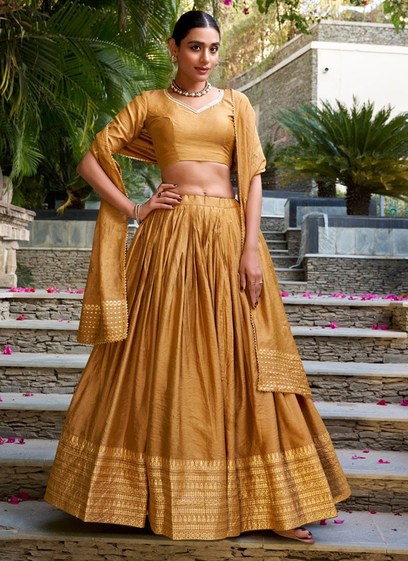 Charming Mustard Chanderi Silk Zari Umbrella Lehenga Festive Wear
