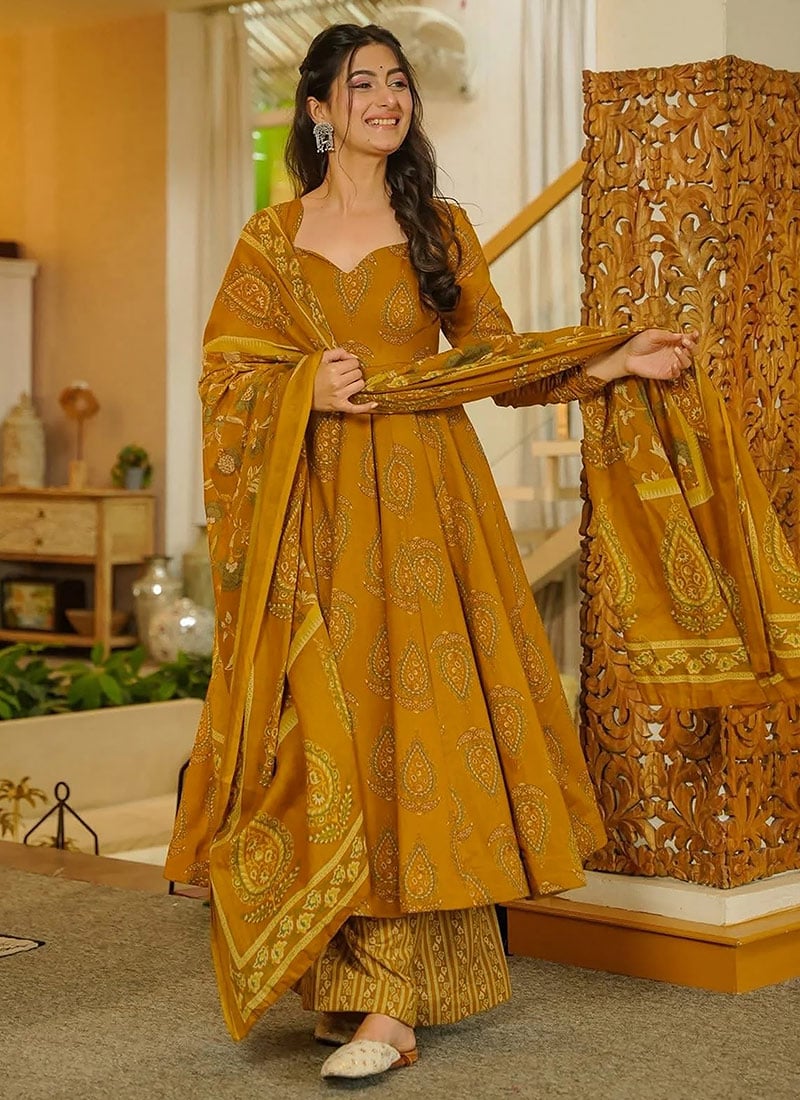 Charming Mustard Muslin Digital Print Anarkali Suit After Six Wear