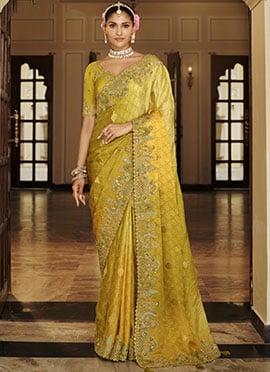 Charming Mustard Soft Silk Zari Weaving Heavy Thread Embroidery Khatli Work Saree