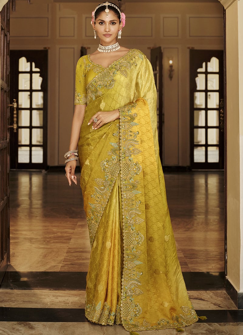 Charming Mustard Soft Silk Zari Weaving Heavy Thread Embroidery Khatli Work Saree Wedding Wear
