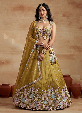 Charming Mustard Tissue Embroidered Umbrella Lehenga