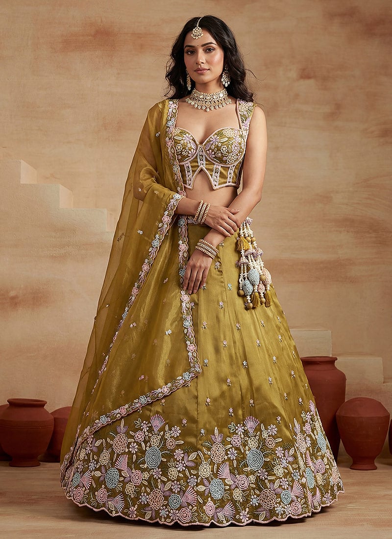 Charming Mustard Tissue Embroidered Umbrella Lehenga Wedding Wear