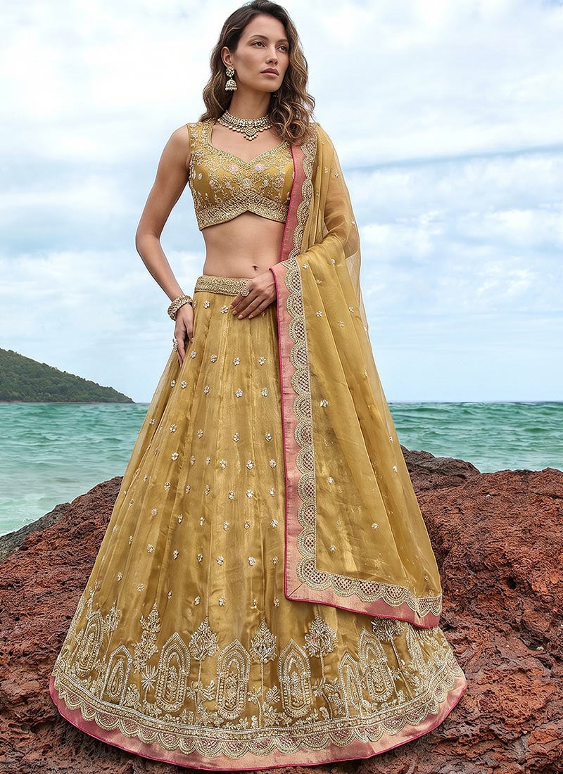 Charming Mustard Tissue Embroidered Umbrella Lehenga Wedding Wear