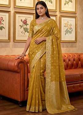Charming Mustard Tissue Silk Jacquard Woven Saree
