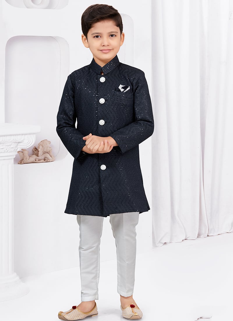 Charming Navy Blue Kasak Zari Jacquard Sequins Indowestern Sherwani Wedding Wear