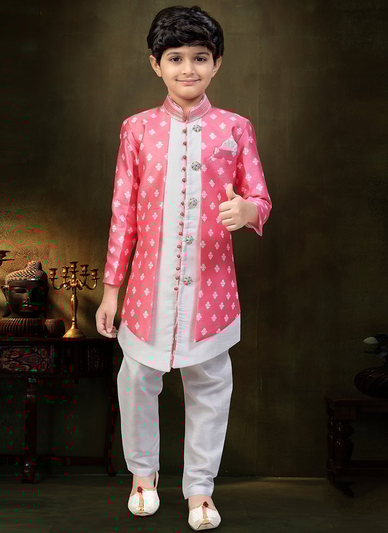 Charming Off White Banarasi Silk Printed Kids Boys Indowestern Sherwani Wedding Wear