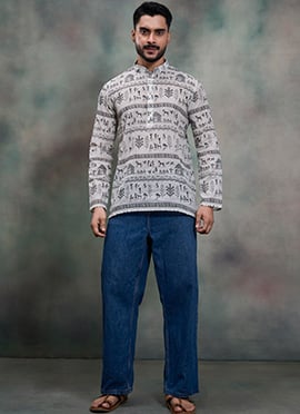 Charming Off White Khadi Cotton Moubani Print KurtaT