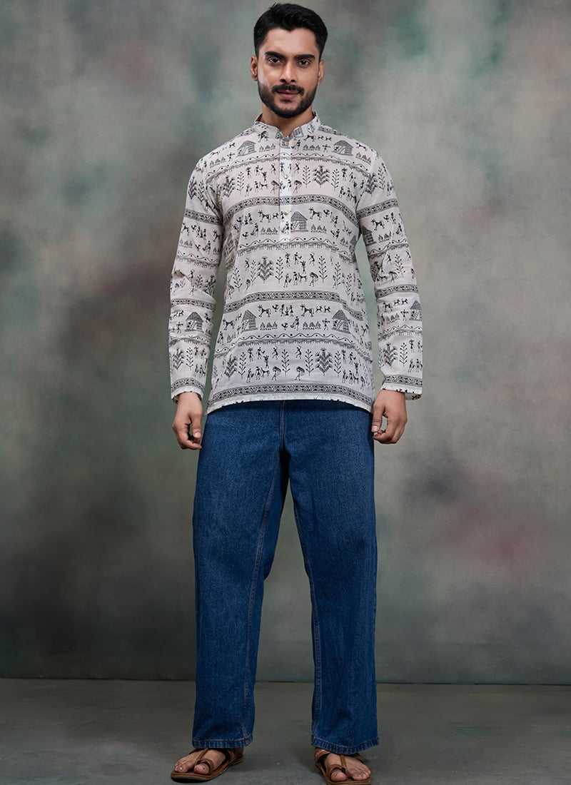 Charming Off White Khadi Cotton Moubani Print KurtaT