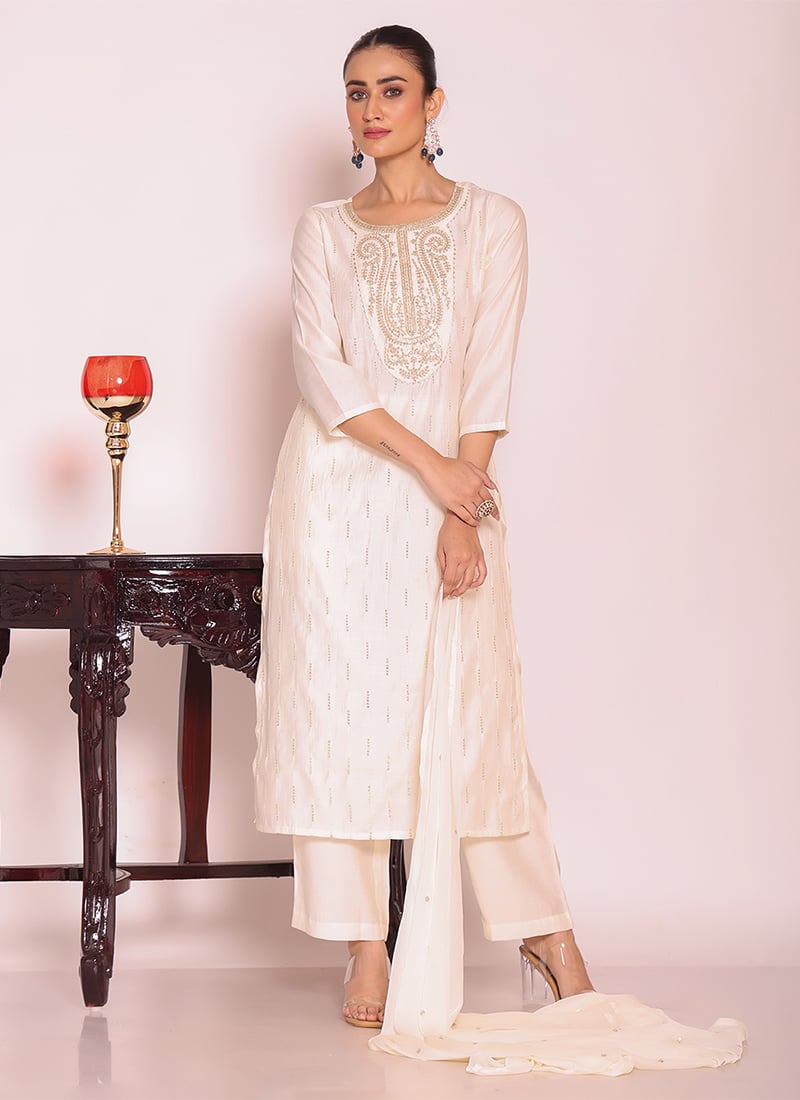 Charming Off White Poly Silk Embroidered Straight Pant Suit Festive Wear