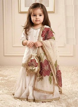 Charming Off White Silk Embroidered Sequins Kids Girls Sharara Suit