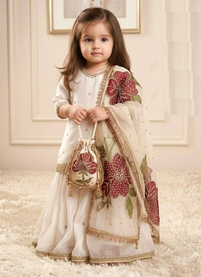 Charming Off White Silk Embroidered Sequins Kids Girls Sharara Suit Festive Wear