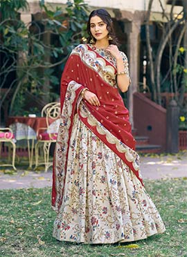 Charming Off White Tussar Silk Gilded Motif Foil Printed Umbrella Lehenga