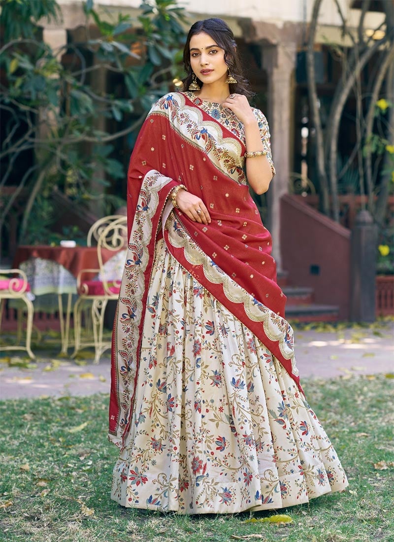Charming Off White Tussar Silk Gilded Motif Foil Printed Umbrella Lehenga Festive Wear