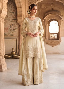 Charming Off White Viscose Embroidered Palazzo Suit