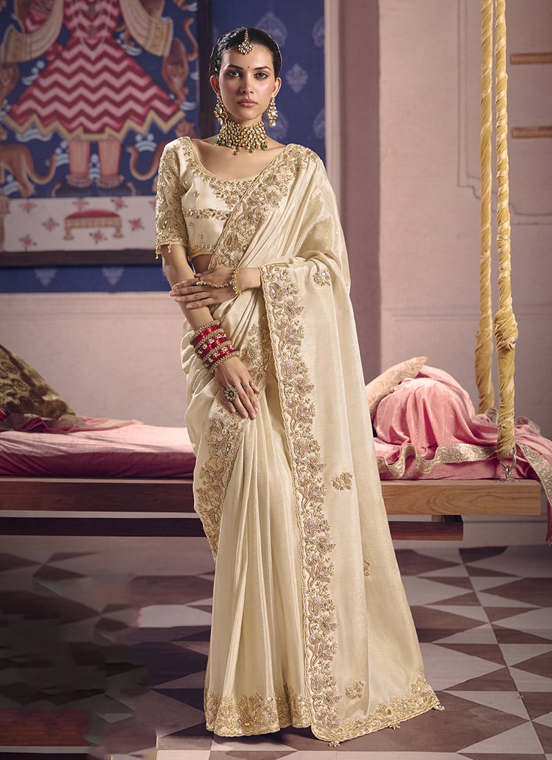 Charming Off White Viscose Tissue Beads Embroidered Sequins Saree Wedding Wear
