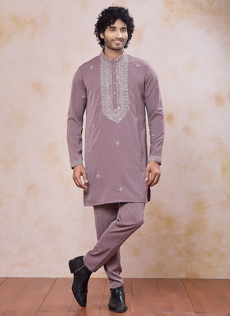Charming Onion Pink Armani Embroidered Thread Mirror Work Kurta Pyjama Festive Wear