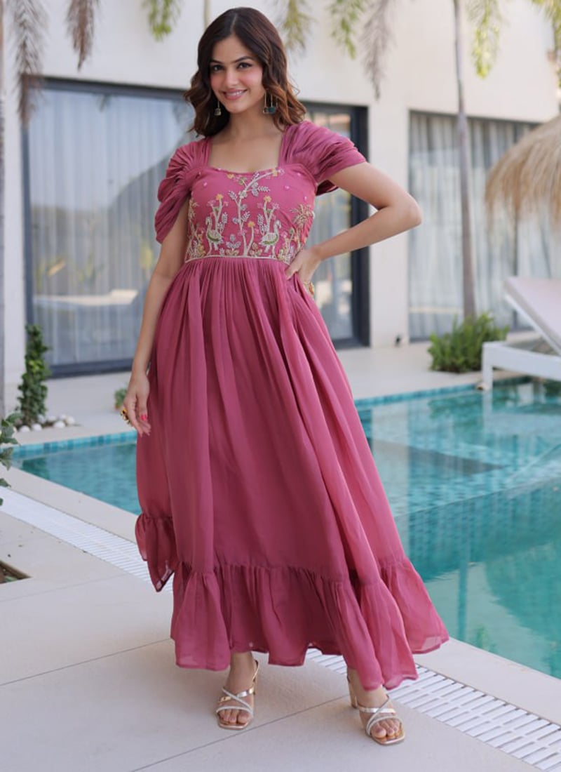 Charming Onion Pink Mal Chanderi Beads Embroidered Fit And Flare Dress After Six Wear