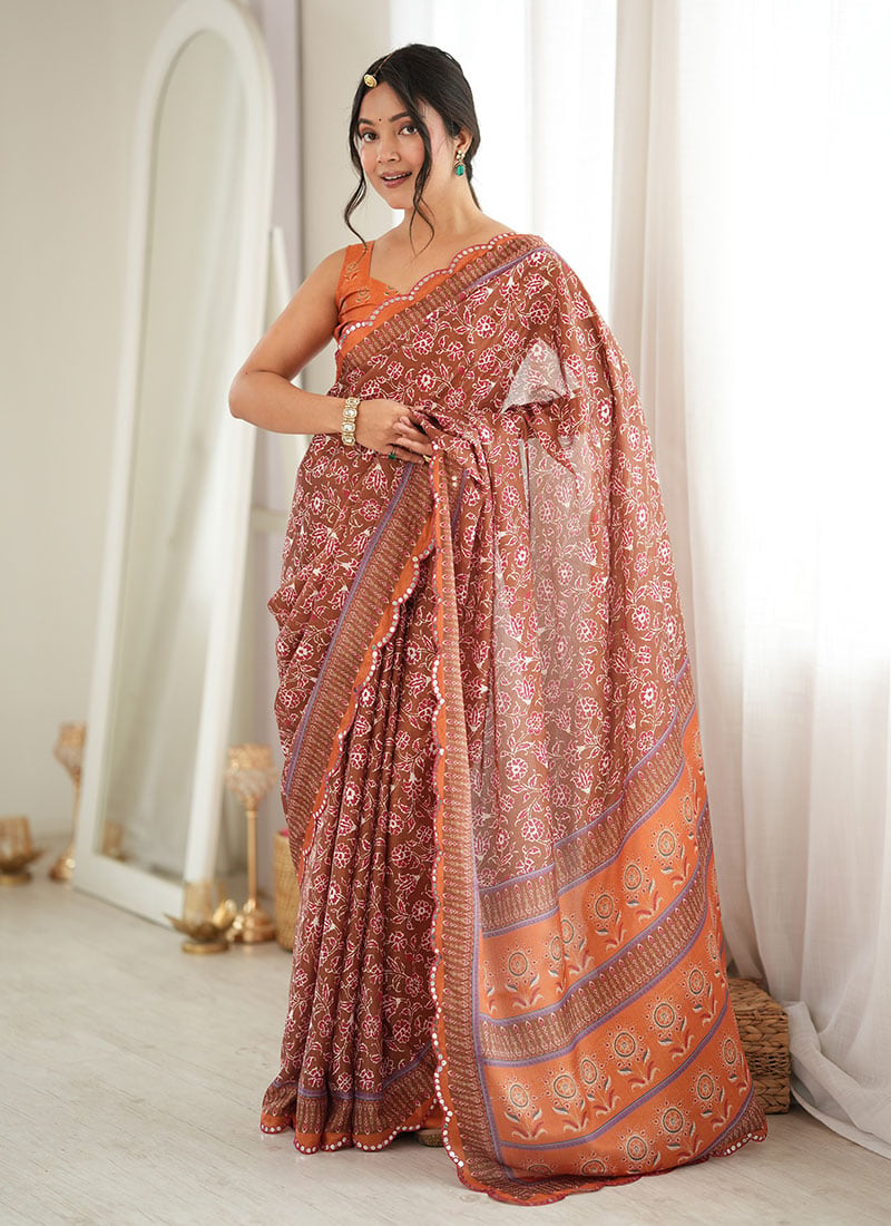 Charming Orange Chinon Mirror Work Printed Saree After Six Wear