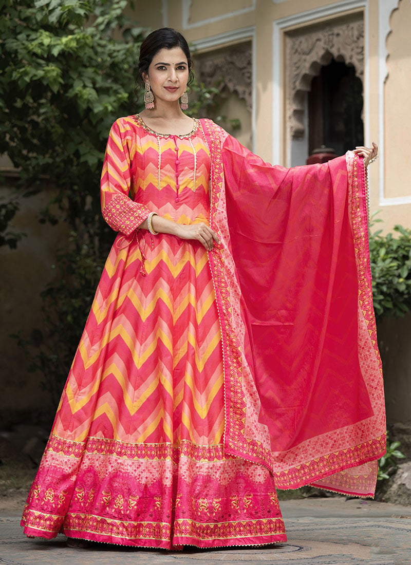 Charming Orange Dola Silk Digital Print Hand Embroidered Neck Anarkali Suit Festive Wear