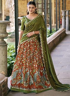 Charming Orange Tussar Silk Kalamkari Print With Lace Border Umbrella Lehenga
