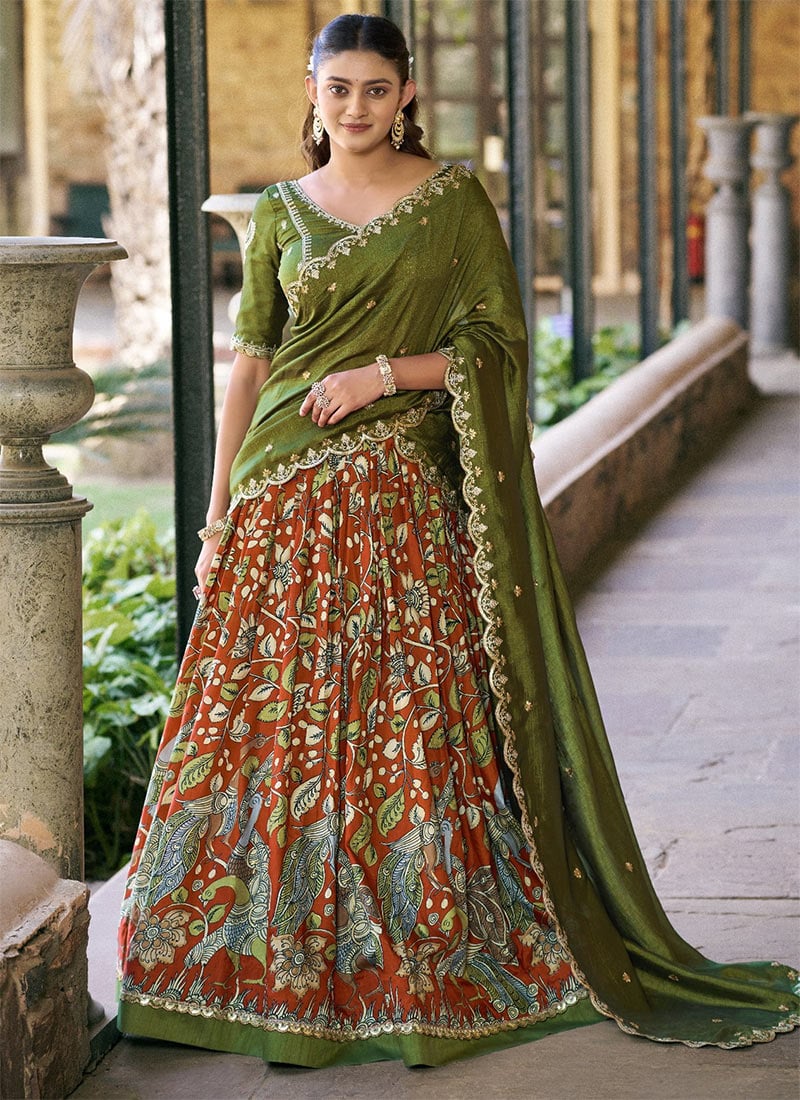 Charming Orange Tussar Silk Kalamkari Print With Lace Border Umbrella Lehenga Festive Wear
