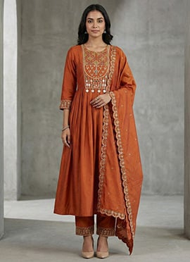 Charming Orange Viscose Roman Silk Embroidered Mirror Work Anarkali Suit