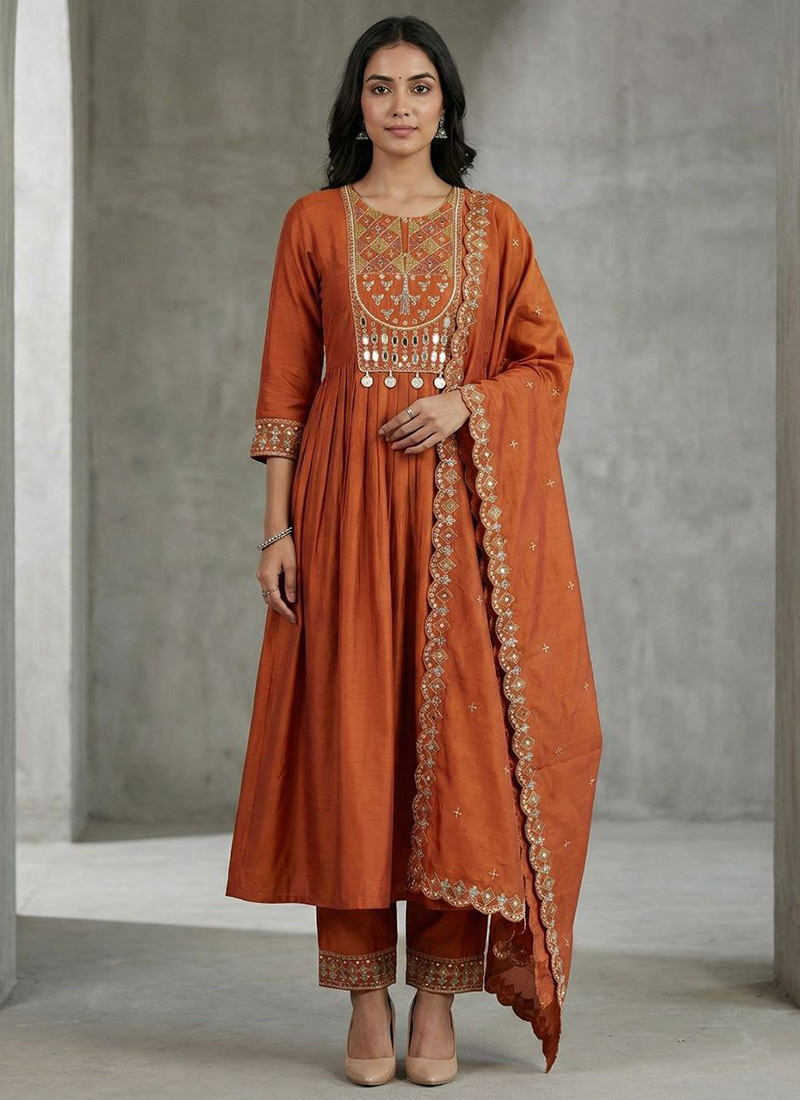 Charming Orange Viscose Roman Silk Embroidered Mirror Work Anarkali Suit Festive Wear
