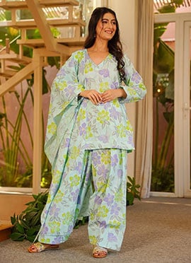 Charming Pastel Green Cambric Cotton Digital Print Farshi Salwar Suit