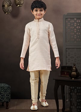 Charming Peach Banarasi Soft Jacquard Tikki Work Kids Boys Kurta Pyjama