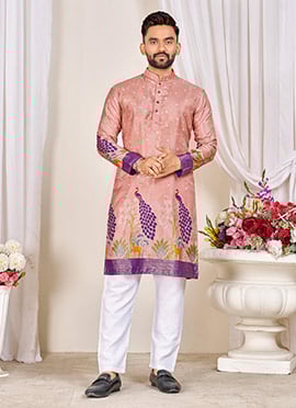 Charming Peach Dola Silk Patola Foil Print Kurta Pyjama