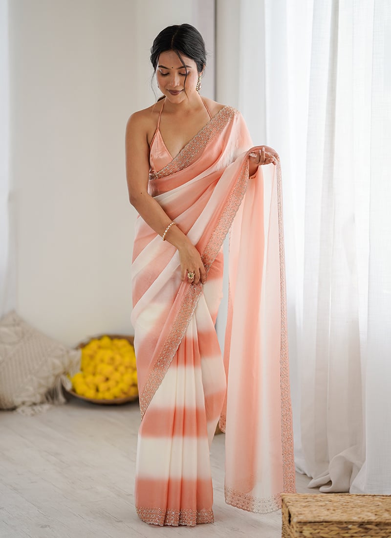 Charming Peach Fendy Satin Zarkan Stones Work Saree   After Six Wear