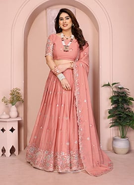 Charming Peach Georgette Embroidery Umbrella Lehenga