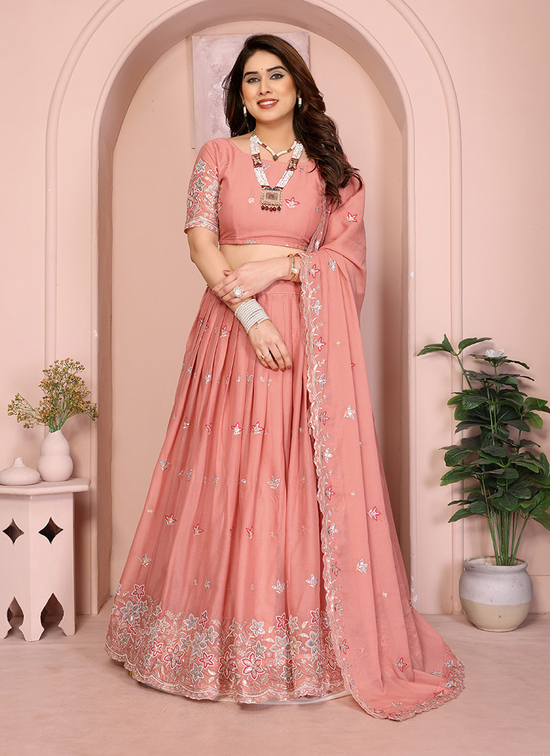 Charming Peach Georgette Embroidery Umbrella Lehenga Festive Wear