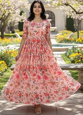 Charming Peach Georgette Floral Print Dresses and Gown