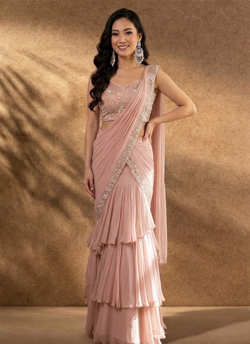 Charming Peach Georgette Sequins Hand Embroidered Cutdana Saree Wedding Wear