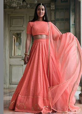 Charming Peach Georgette Sequins Thread Embroidered Umbrella Lehenga with Gota Patti Border