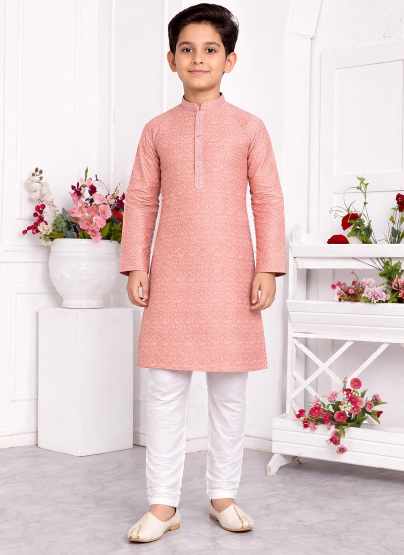Charming Peach Jacquard Silk Brocade Kids Boys Kurta Pyjama Festive Wear