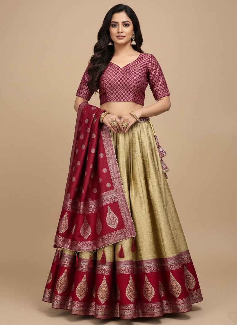 Charming Peach Kanchipuram Silk Zari Jacquard Umbrella Lehenga Wedding Wear