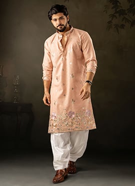 Charming Peach Linen Embroidered Sequins Thread Kurta Pyjama
