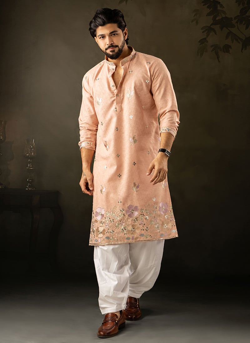 Charming Peach Linen Embroidered Sequins Thread Kurta Pyjama   Festive Wear