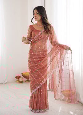 Charming Peach Net Sequins Cutdana Work Saree