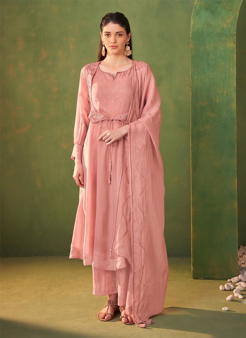 Charming Peach Organza Embroidered Straight Pant Suit After Six Wear